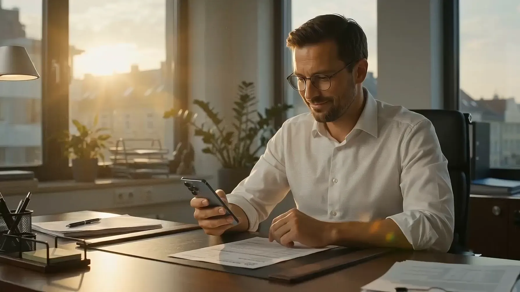 Geschäftsmann nutzt Smartphone zum Scannen eines Lieferscheins mit digitalem Overlay