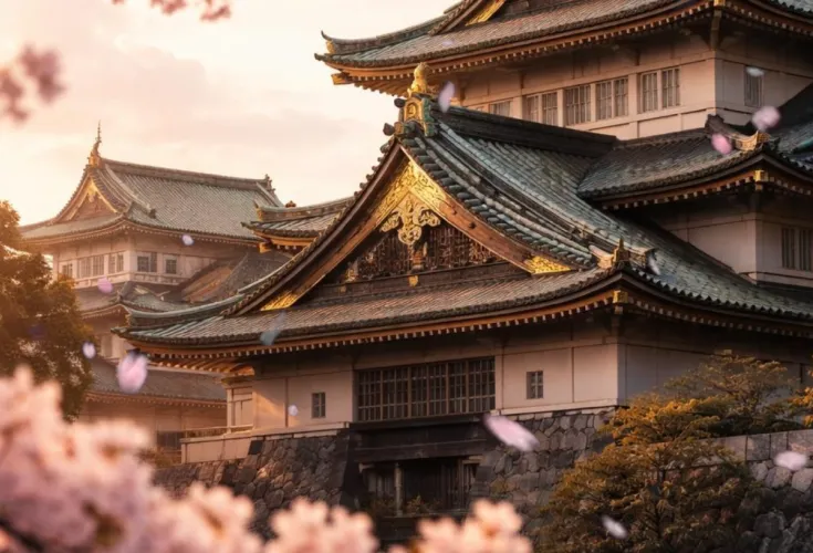 Traditionelle japanische Burg oder Tempel, umgeben von Kirschblüten bei Sonnenuntergang