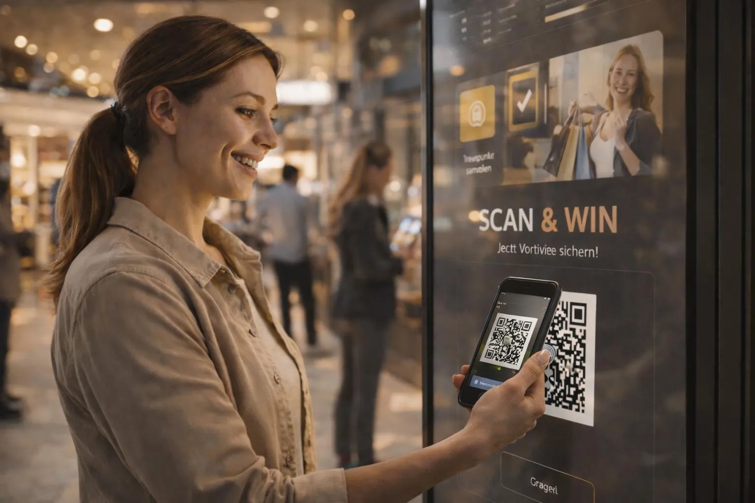 Eine Frau scannt einen QR-Code auf einem digitalen Bildschirm für eine Treueprogramm-Aktion namens Scan and Win