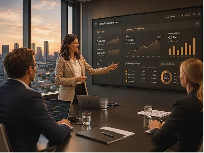 Team bespricht Retail-Intelligence-Daten auf einem großen Bildschirm im Büro