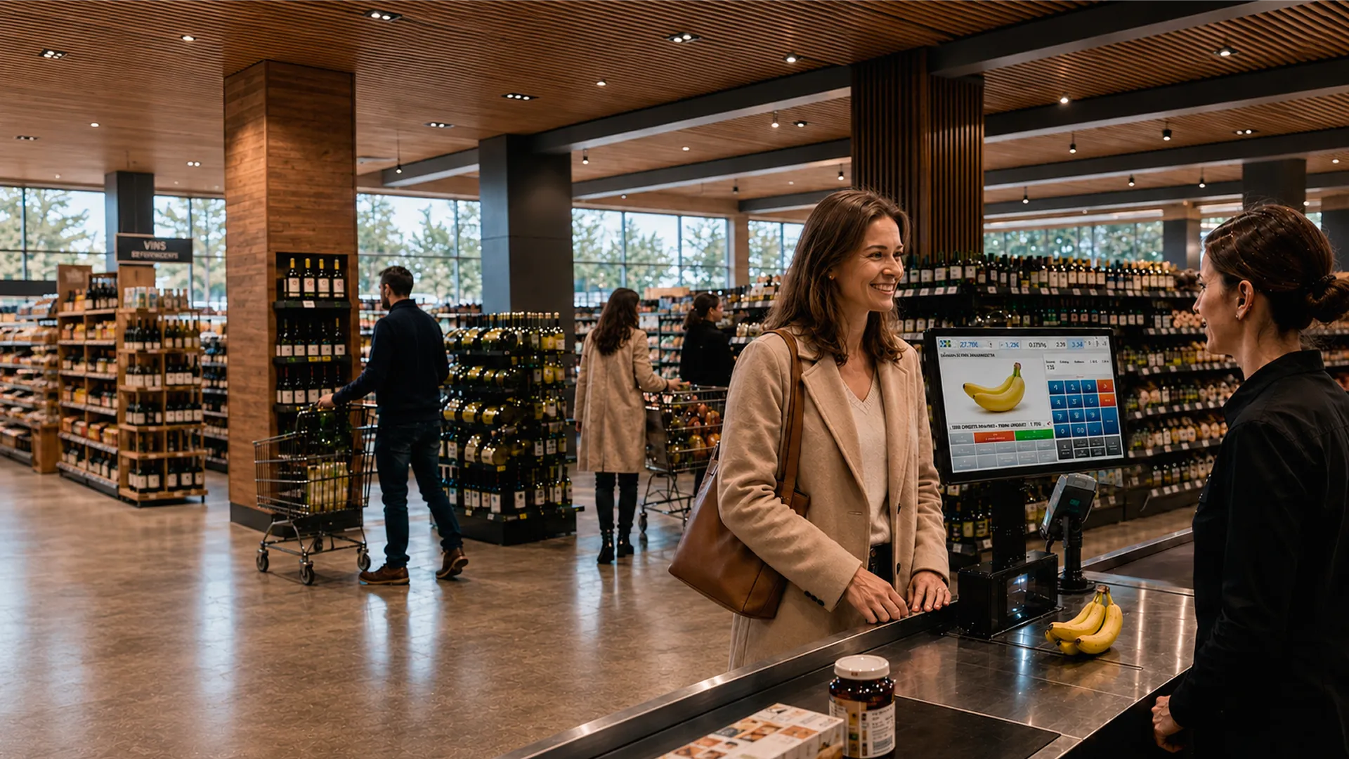 Kunde bezahlt an einem modernen Cloud-Kassensystem in einem Supermarkt