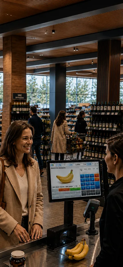 Kunde bezahlt an einem modernen Cloud-Kassensystem in einem Supermarkt