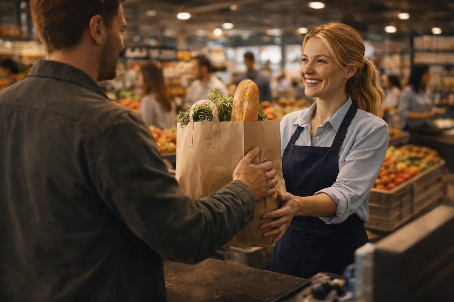 Telenorma Kassensystem am Point-of-Sale mit freundlichem Personal und Kunde