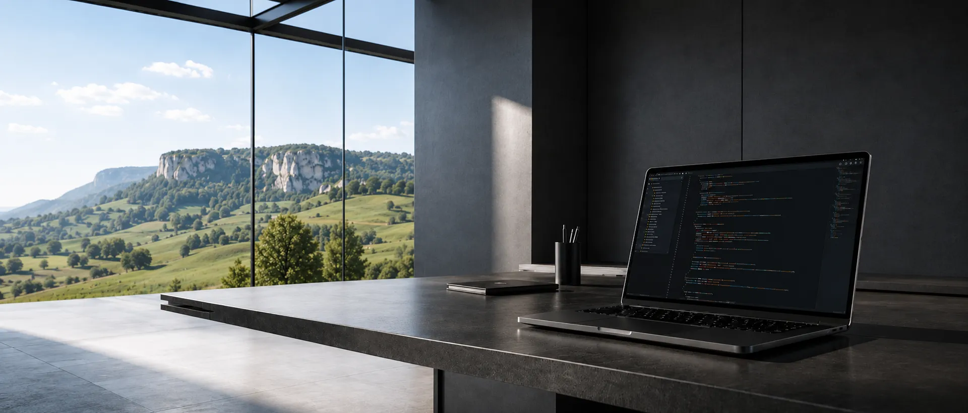 Moderner Laptop mit Code auf einem Schreibtisch in einem Büro mit Blick auf eine Hügellandschaft