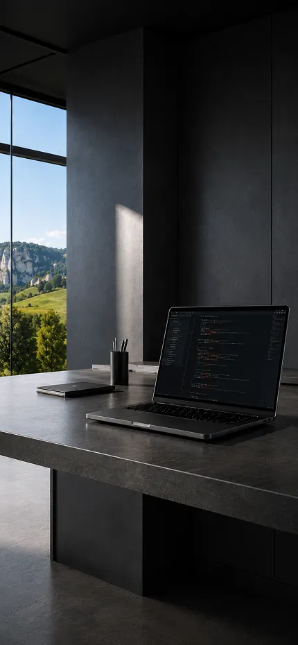 Moderner Laptop mit Code auf einem Schreibtisch in einem Büro mit Blick auf eine Hügellandschaft